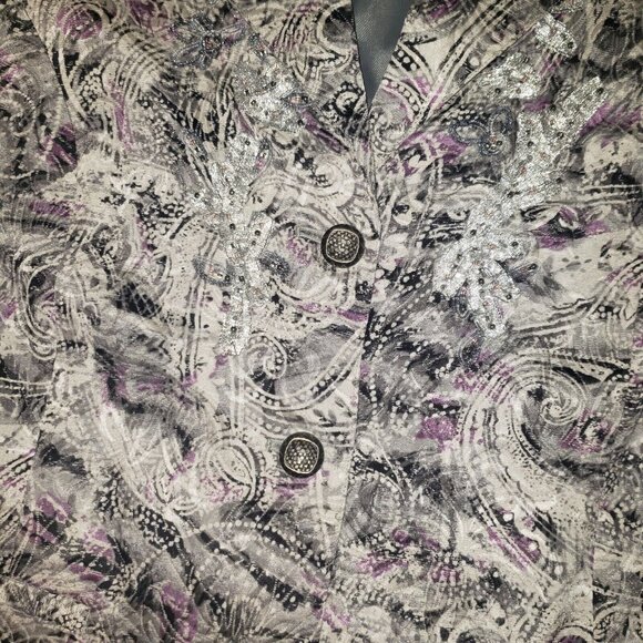 Chico's Parmenia Jacket Purple Pretty Print Silk Beaded Appliques Size 2 Large - Picture 13 of 16